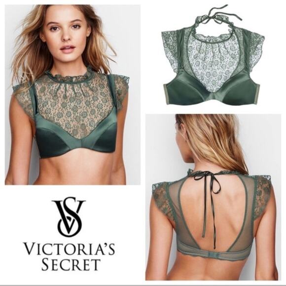 NWT Victoria’s secret dream angles high neck satin/lace plunge 32DD green - Picture 1 of 4